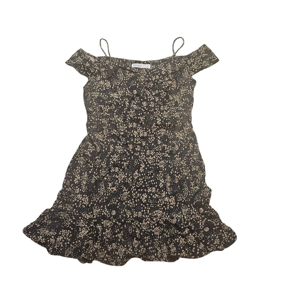 Zara Basic Z1975 Denim‎ Floral Off the Shoulder Mini Dress Black Tan Small
